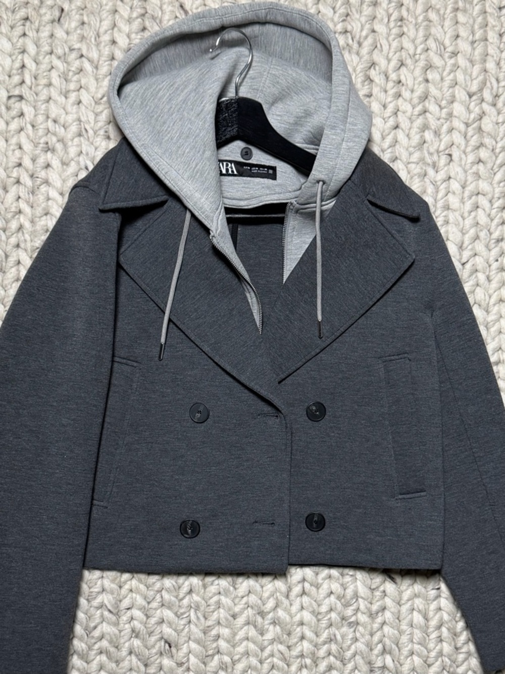 ZARA-Cropped Double-Breasted Jacket with Light Gray Hood - Charcoal & Light Gray